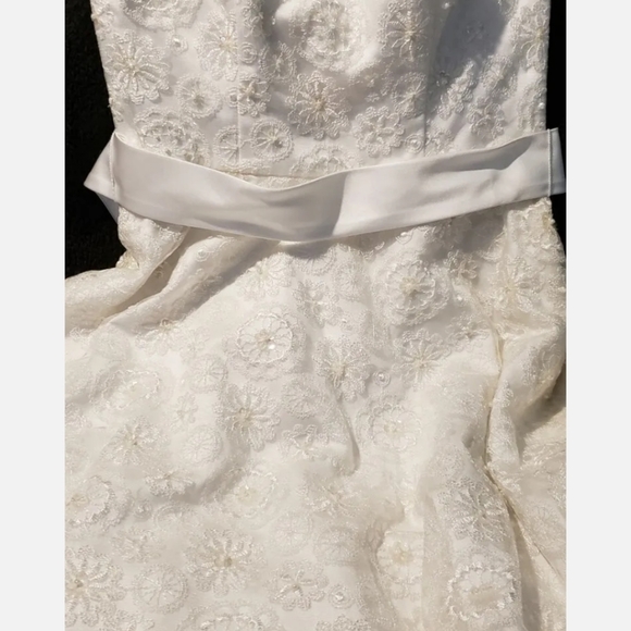 David's Bridal 10042334 size 6 White Strapless lace tea length Wedding Dress - Picture 3 of 16